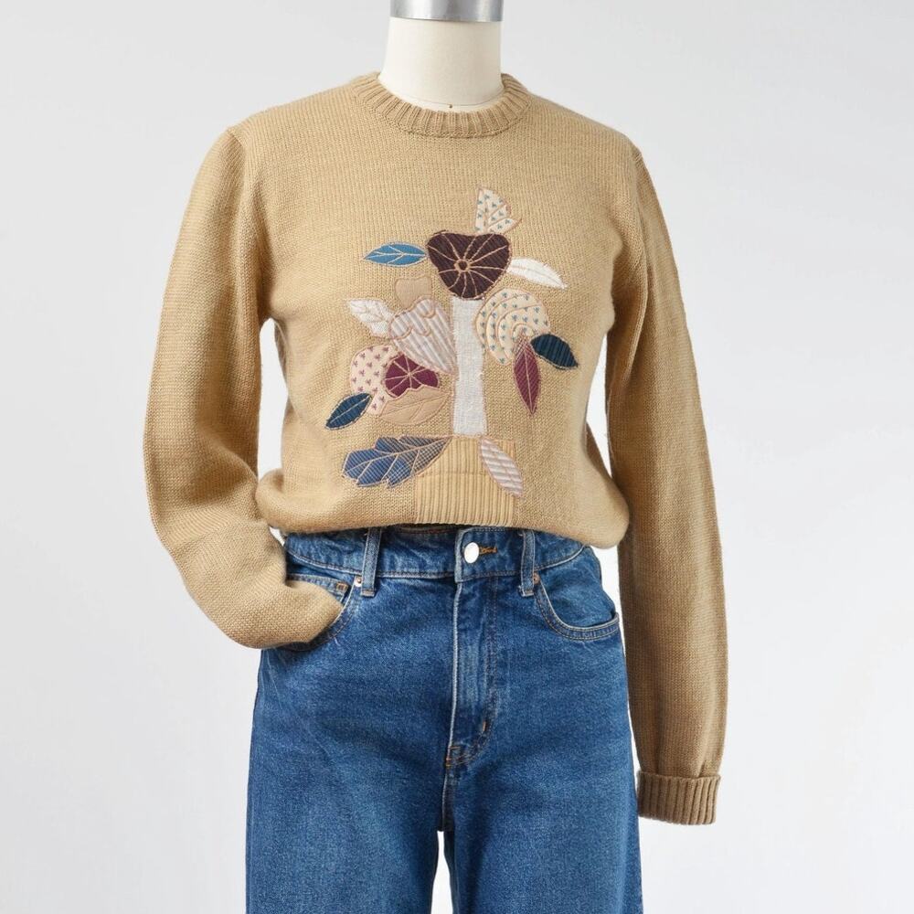 Vintage 70s Flower Pot Sweater Floral Crewneck Fitted Boho Hippie XS S